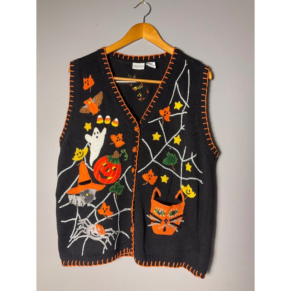 Caroline Colours Vintage Halloween Sweater Vest Black Embroidered Pumpkin Cat L